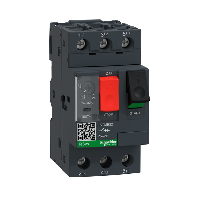 GV2ME32 Motor circuit breaker,TeSys Deca,3P,24-32A,thermal magnetic,screw clamp terminals,button control