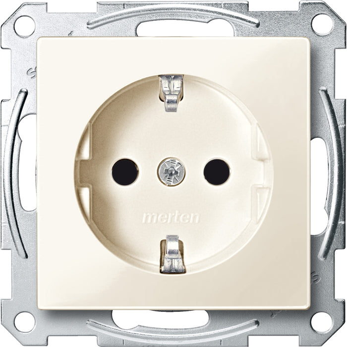 MTN2300-0344 Socket-outlet, Merten System M, mechanism with fixing frame, 2P + E, 16A, Schuko, screwless terminals, glossy, white