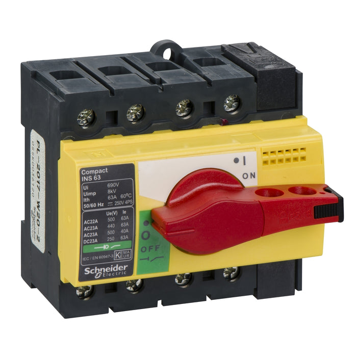 28919 interruptor-seccionador, Compact INS63 , 63 A, con mando giratorio rojo y frontal amarillo, 4 polos