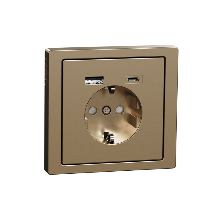 MTN2367-6051 USB charger + socket-outlet, Merten System Design, 2P + E, 16A screwless terminals, glossy, champagne