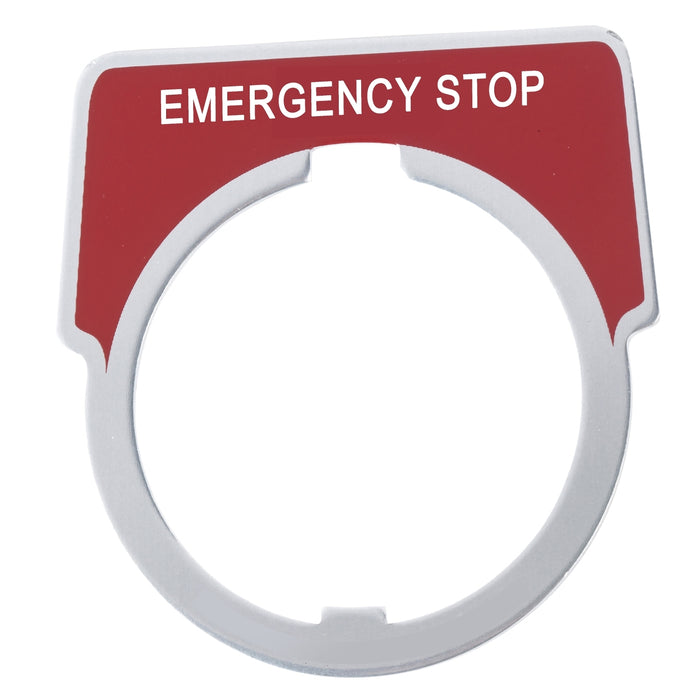 9001KN205 Legend, Harmony 9001K, Harmony 9001SK, 30mm, aluminium, red with silver letters, 40x43mm, marking EMERGENCY STOP