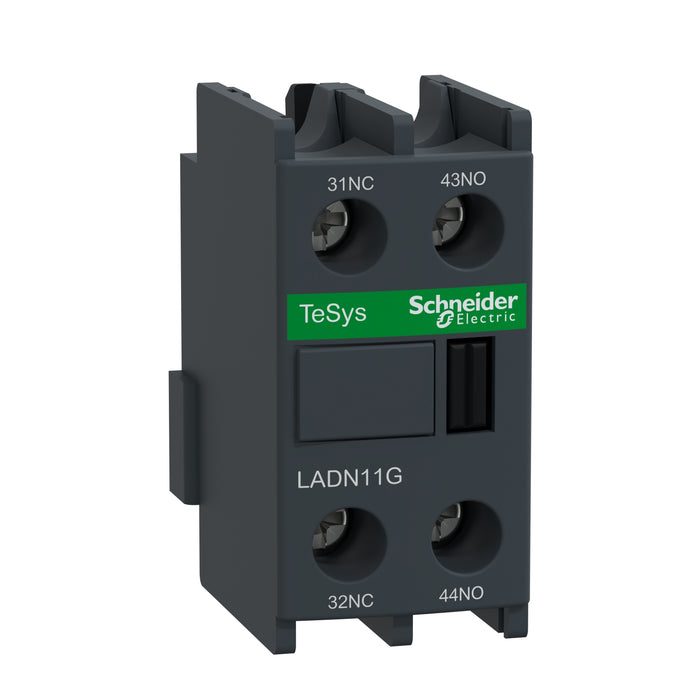 LADN11G Auxiliary contact block, TeSys Deca, 1NO + 1NC, front mounting, screw clamp terminals, EN 50012