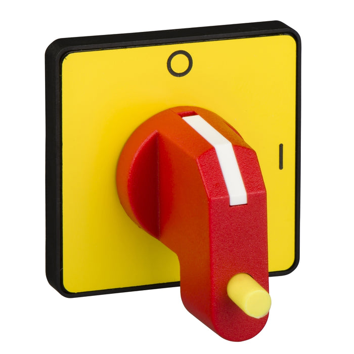 KCG3Y Cam switch operating head, Harmony K, for multifixing, plastic, yellow, 45x45mm, red handle, marked 0-1, switching 90deg, with padlocking