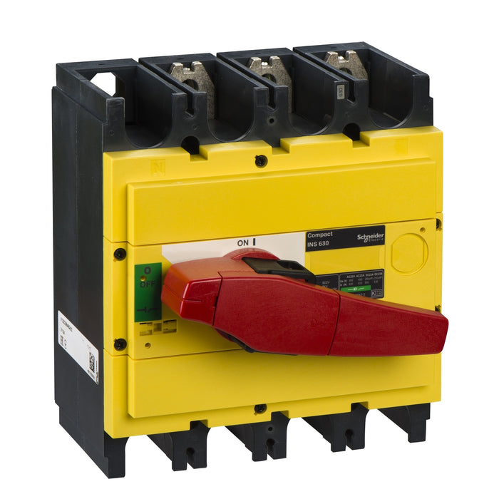 31134 interruptor-seccionador, Compact INS630, 630 A, con mando giratorio rojo y frontal amarillo, 3 polos