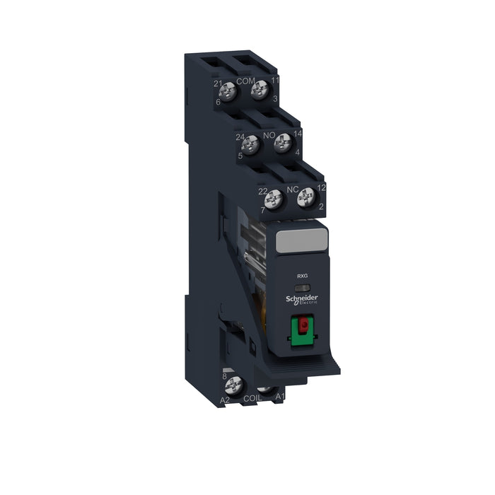 RXG21B7PV Harmony, Interface plug-in relay pre-assembled, 5 A, 2 CO, with lockable test button, with protection circuit, 24 V AC