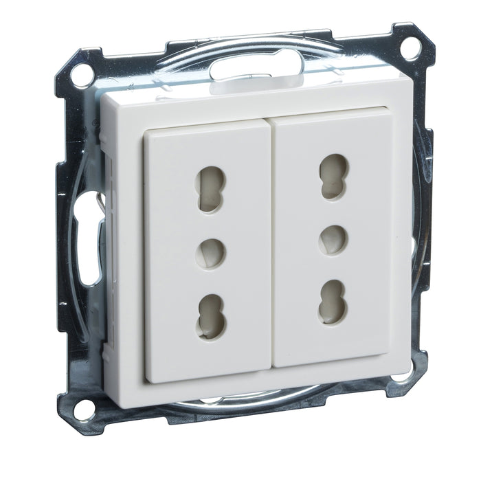 MTN2162-0319 2 Socket-outlet, Merten System M, mechanism with fixing frame, 2P, 16A, Italian, glossy, polar white