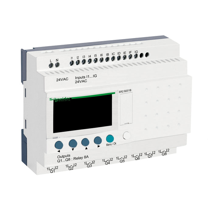 SR2B201B compact smart relay, Zelio Logic SR2 SR3, 20 IO, 24V AC, clock, display