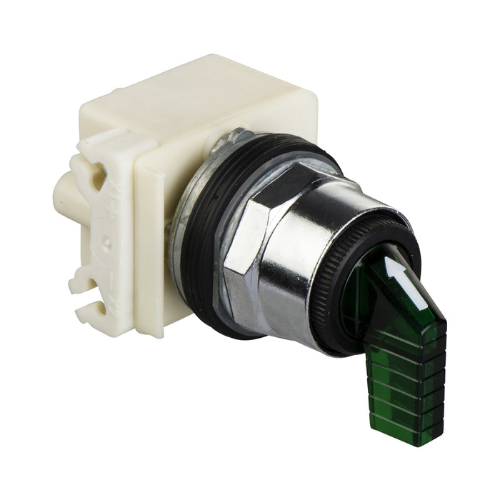 9001K53J35LGFG Illuminated selector switch head, Harmony 9001K, metal, long handle, green, 30mm, 3 positions, spring return both sides to center, LED green, 24-28V