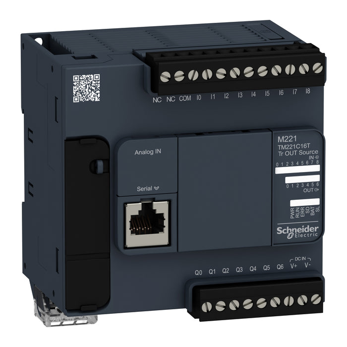 TM221C16T logic controller, Modicon M221, 16 IO, 9 DI, 7 DO, transistor, PNP
