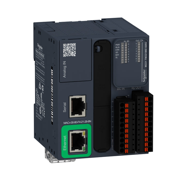 TM221ME16RG logic controller, Modicon M221, 16 IO, relay, Ethernet, spring