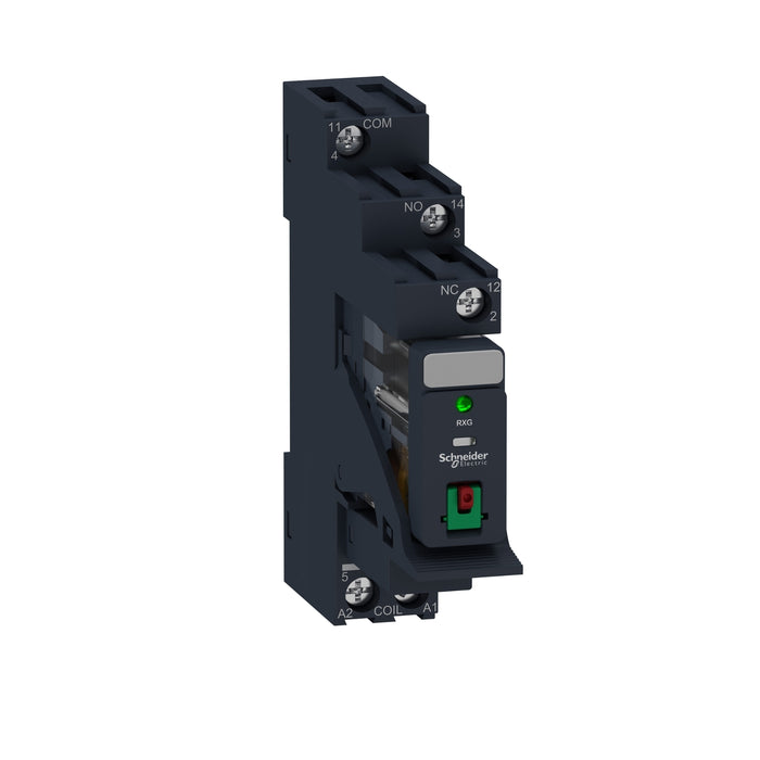 RXG12B7PV Harmony, Interface plug-in relay pre-assembled, 10 A, 1 CO, with LED, with lockable test button, with protection circuit, 24 V AC