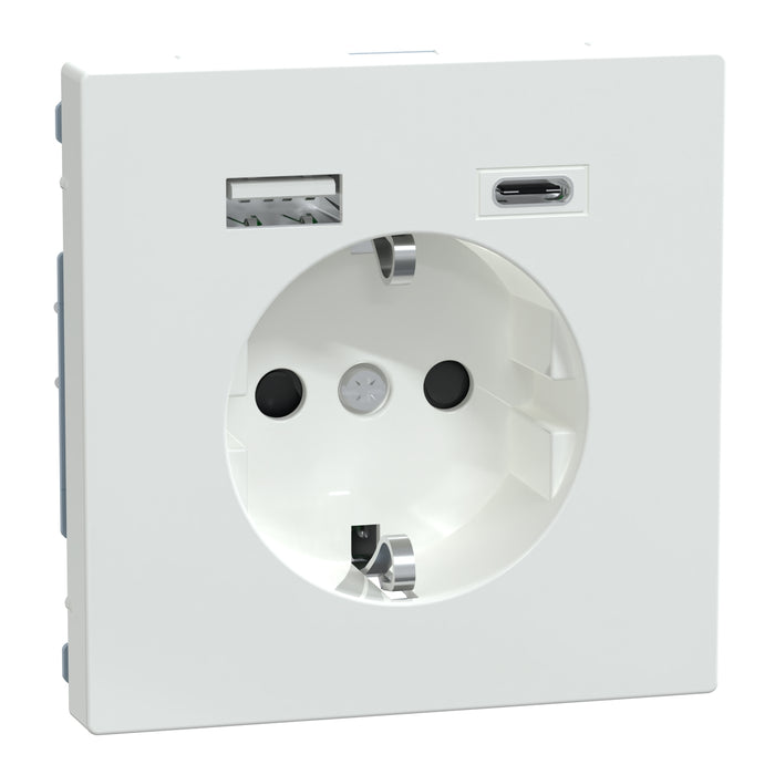 MTN2367-6035 USB charger + socket-outlet, Merten System Design, 2P + E, 16A screwless terminals, glossy, lotus white