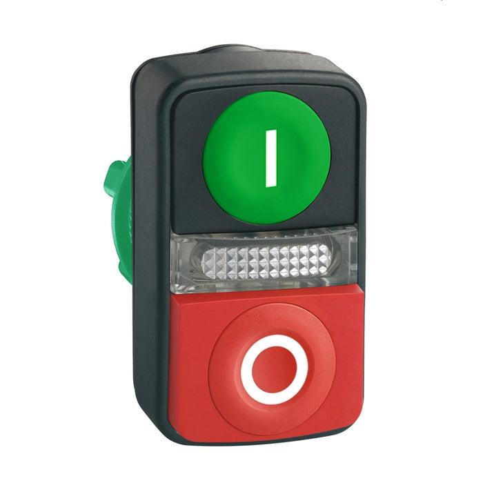 ZB5AW7L3741 Harmony XB5, Illuminated double-headed push button head, plastic, Ø22, 1 green flush I + 1 pilot light + 1 red projecting O