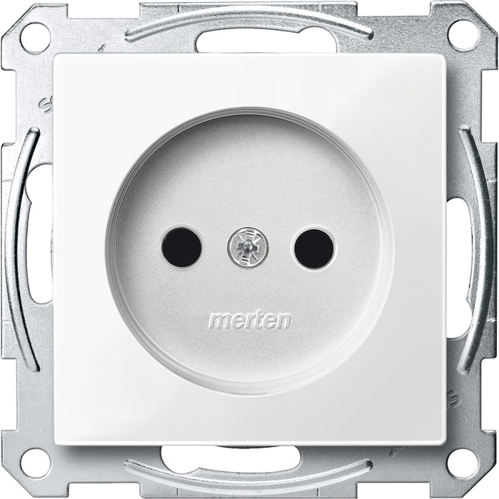 MTN2000-0319 Socket-outlet, Merten System M, mechanism with fixing frame, 2P, 16A, CEE 7 standard, glossy, polar white