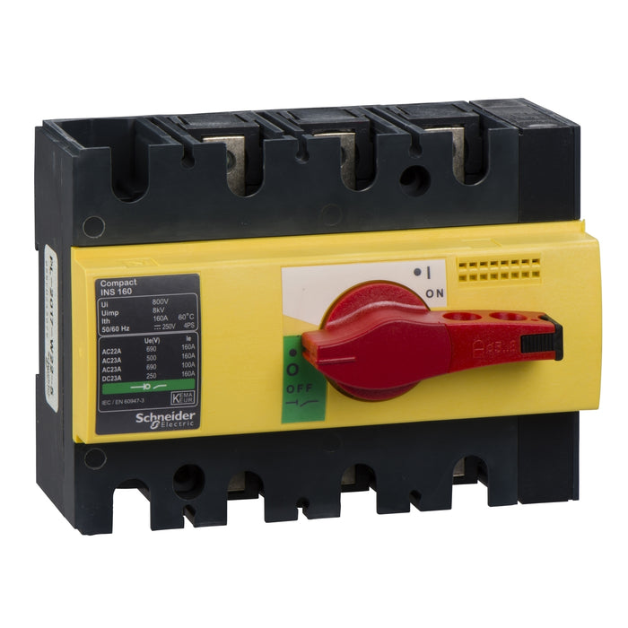 28928 switch disconnector, Compact INS160 , 160 A, with red rotary handle and yellow front, 3 poles
