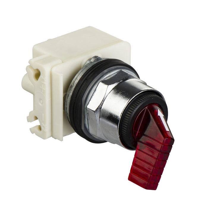 9001K43J35LRFR Illuminated selector switch head, Harmony 9001K, metal, long handle, red, 30mm, 3 positions, stay put, LED red, 24-28V