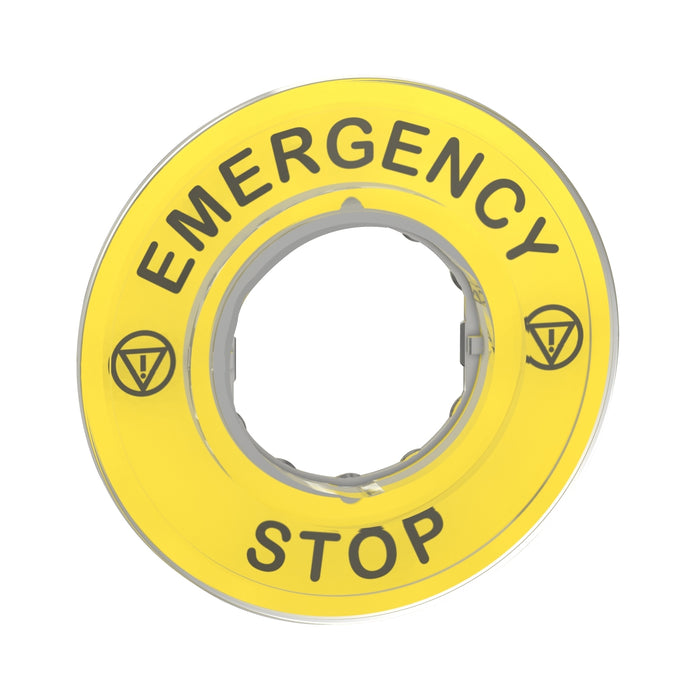 ZBY9320 Legend holder 60mm for emergency stop, Harmony XB4, plastic, yellow, marked EMERGENCY STOP