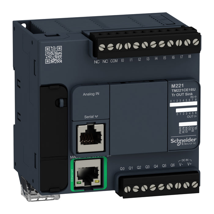 TM221CE16U logic controller, Modicon M221, 16 IO, transistor, NPN, Ethernet