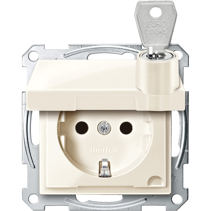 MTN2315-0344 Socket-outlet, Merten System M, mechanism with fixing frame, 2P + E, 16A, Schuko, screwless terminals, glossy, white