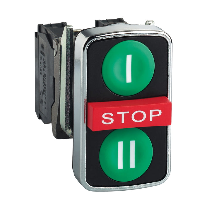 XB4BA731327 Triple-headed push button, metal, Ø22, marked, 1 green flush I + 1 red projecting STOP + 1 green flush II, 2 NO + 1 NC