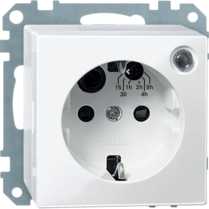 MTN501119 Socket-outlet with timer, Merten System M, mechanism with fixing frame, 2P + E, 8A, Schuko, glossy, polar white