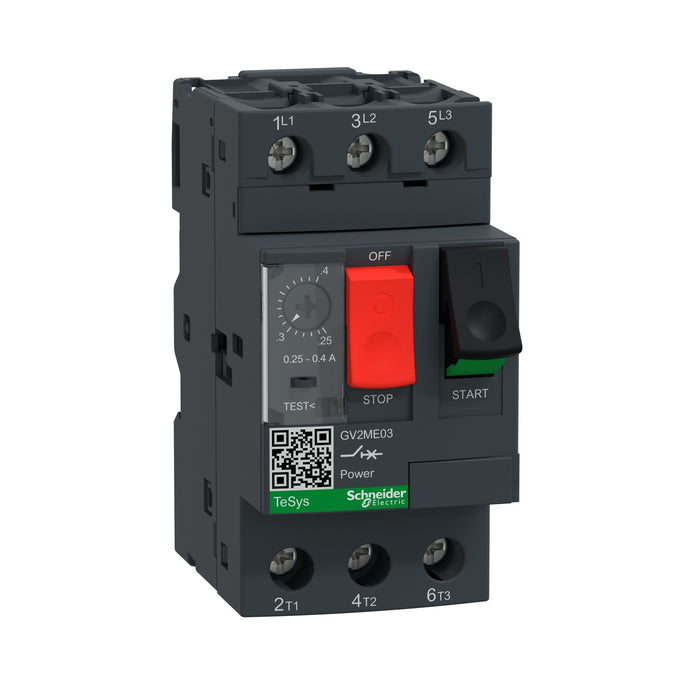 GV2ME03 Motor circuit breaker,TeSys Deca,3P,0.25-0.4A,thermal magnetic,screw clamp terminals,button control