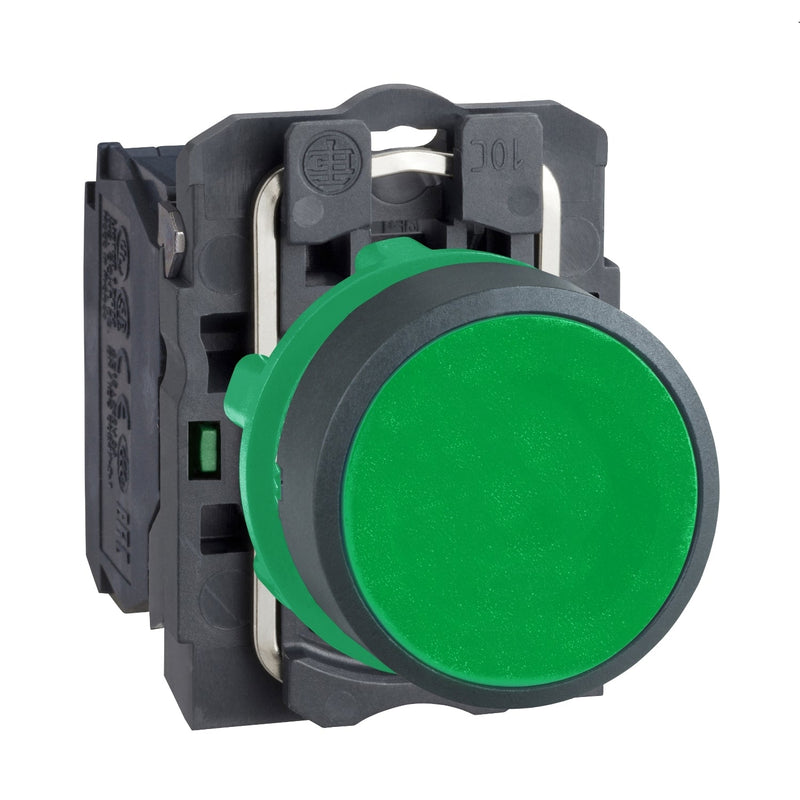 XB5AA31 green flush complete pushbutton Ø22 spring return 1NO unmarked